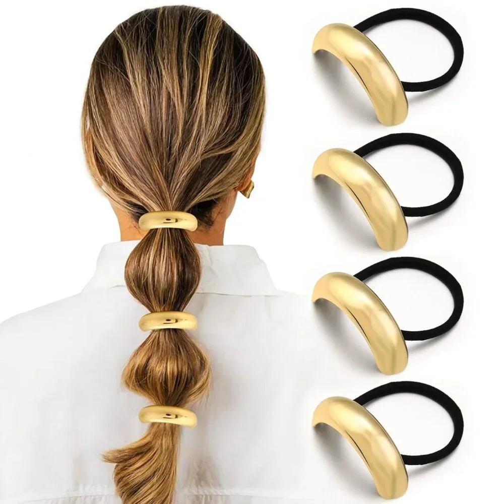 4PCS Gold Hair Ties, Metal Hair Ties for Thick Hair, Elegant Durable Round Geome